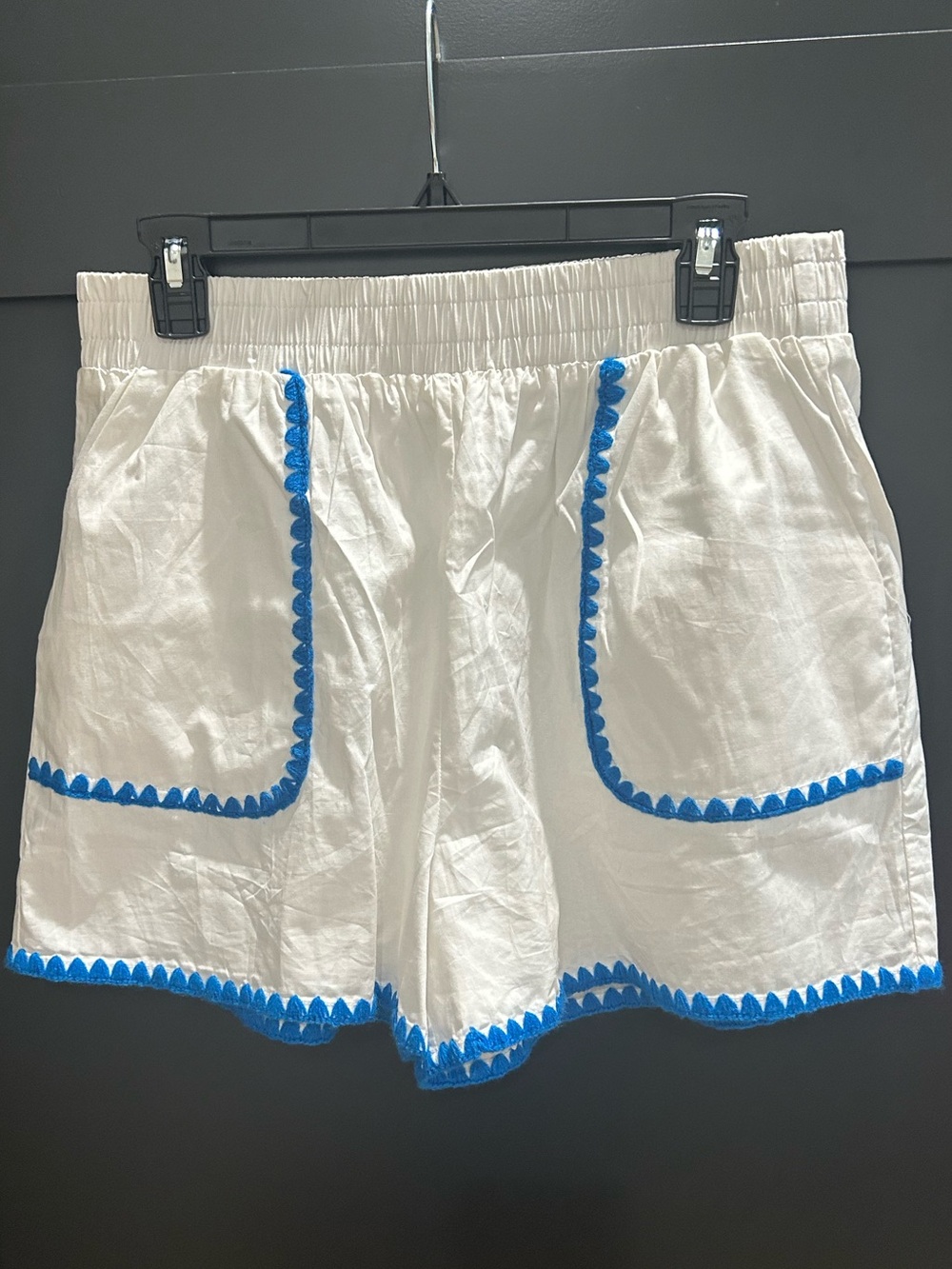 White Women's Bermuda Shorts with Blue Trim — Elastic Waist Casual Bermudas